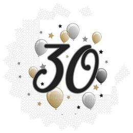 Elegantné party servítky s motívom balónov k 30. narodeninám, 33 cm x 33 cm, 20 ks