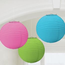 Guľaté lampióny modrej, ružovej a zelenej farby - 24 cm, 3 ks